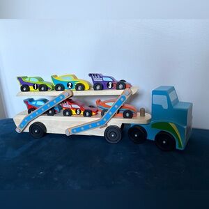 Melissa and Doug Mega Race Car Wooden Car Transporter Toy Set